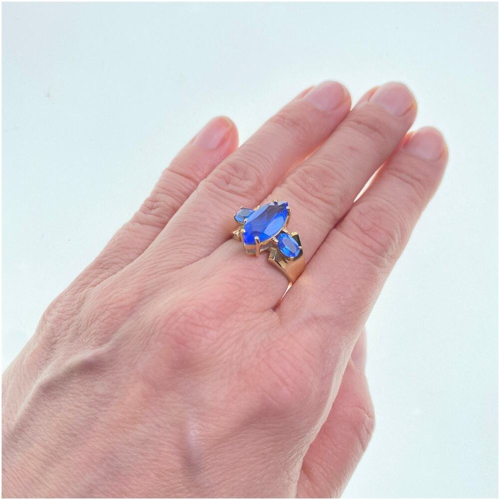 10K Gold Tanzanite Ring Marquise Center 3 Stone Statement Size 6 - Picture 10 of 14